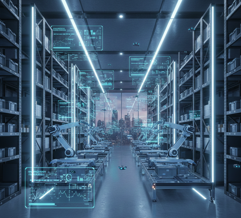 A modern, high-tech distribution warehouse with automated shelving systems, soft blue ambient lighting, and digital data overlays showing inventory flow metrics.