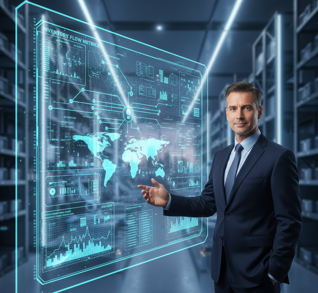 A professional logistics consultant in a dark suit standing next to a large digital screen displaying real-time warehouse analytics and supply chain maps.