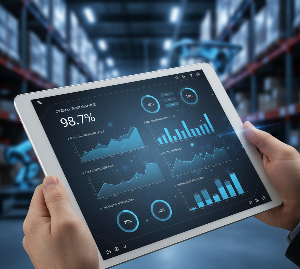 Close-up of a high-end tablet device showing a clean, modern dashboard with electric blue charts tracking inventory levels and warehouse performance metrics.